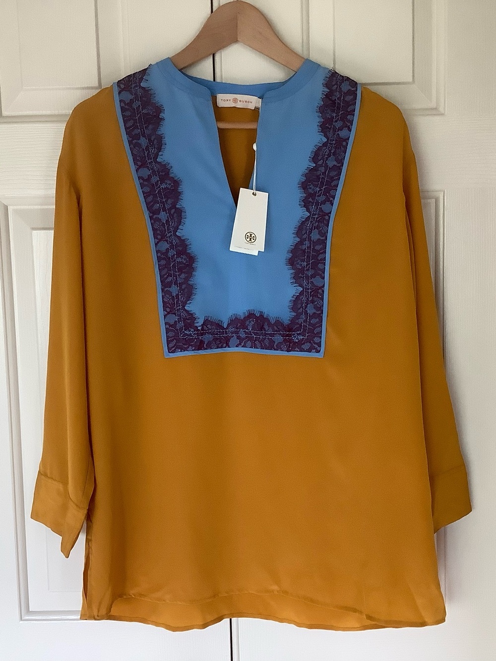 Tory Burch Mustard Tunic with Sky Blue Embroidered Bib